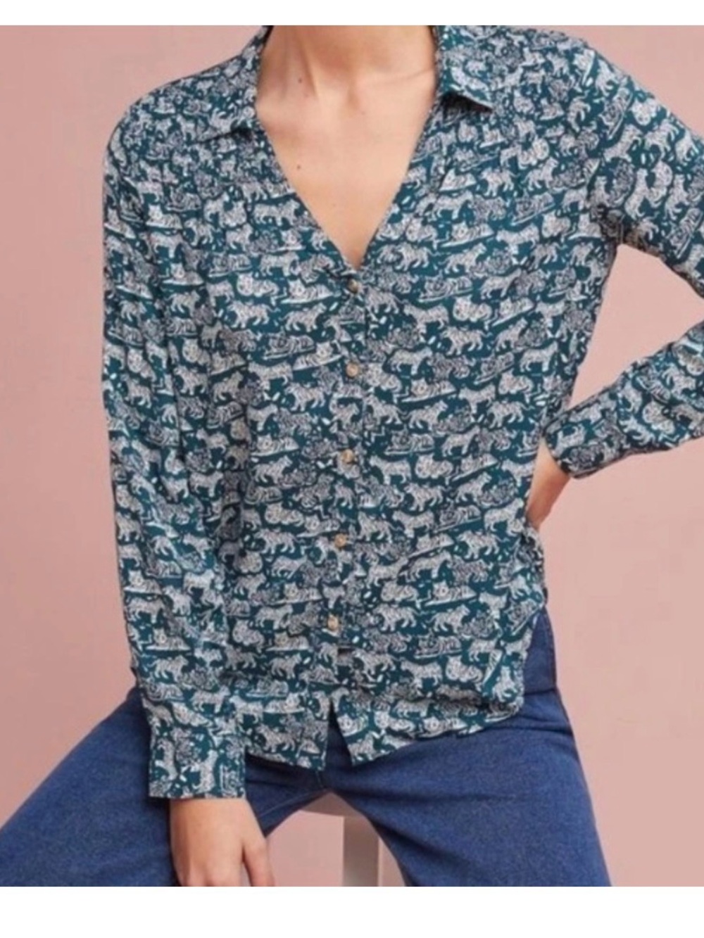 Anthropologie Emory Teal Tiger Print Button Front Blouse